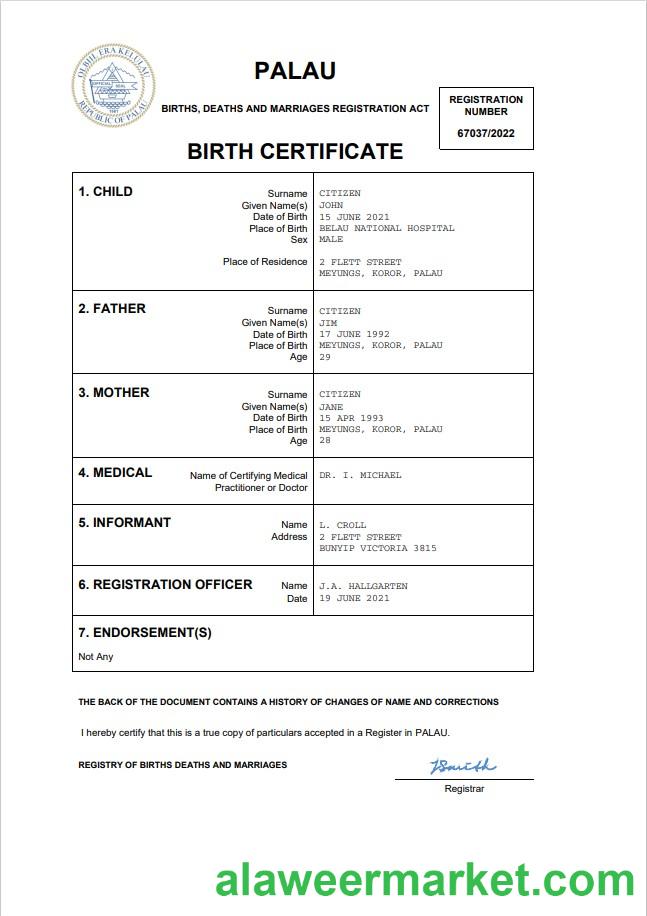 Palau birth certificate Word and PDF template